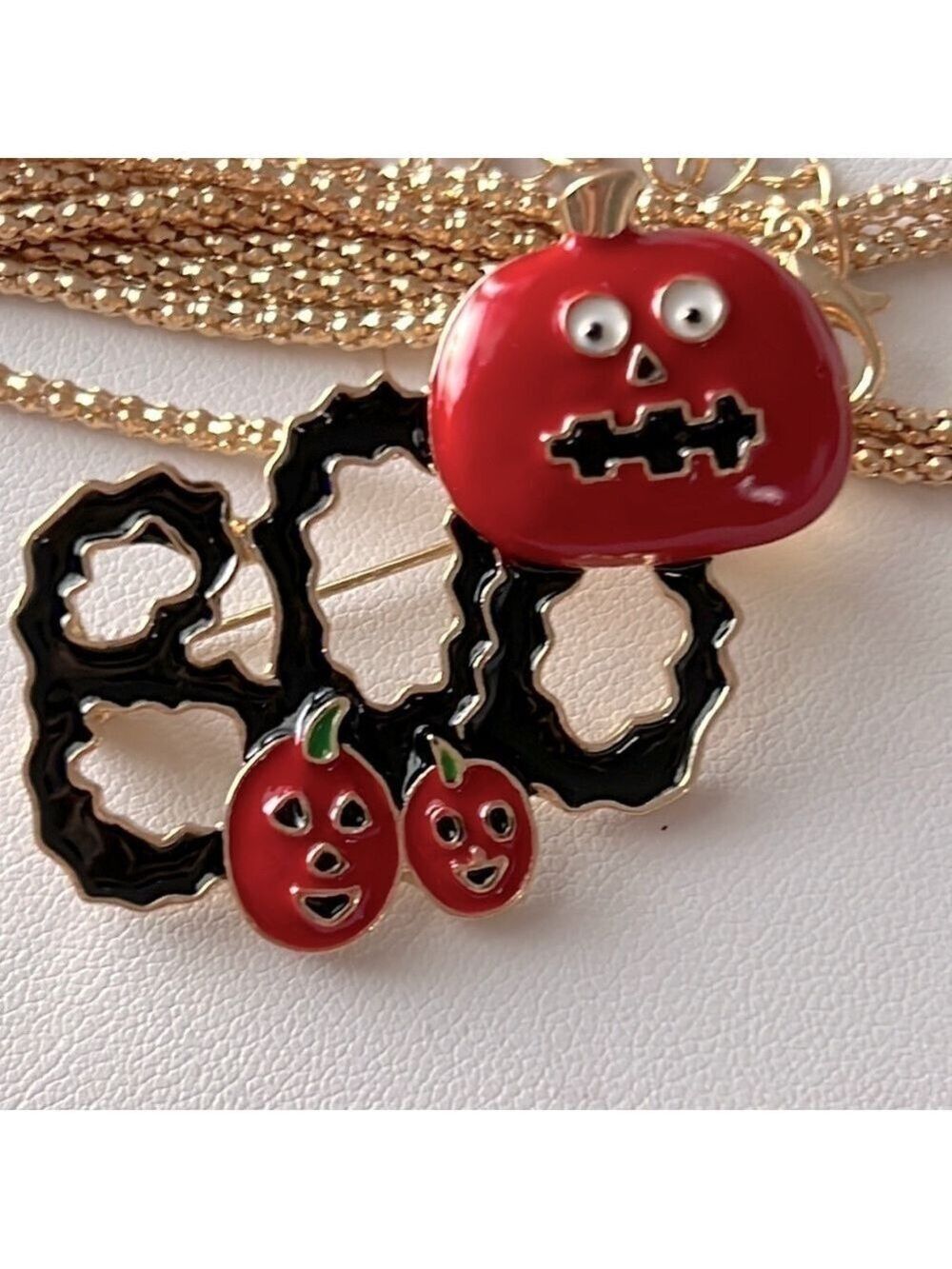 Betsey Johnson Orange Black Pumpkin Necklace Brooch
